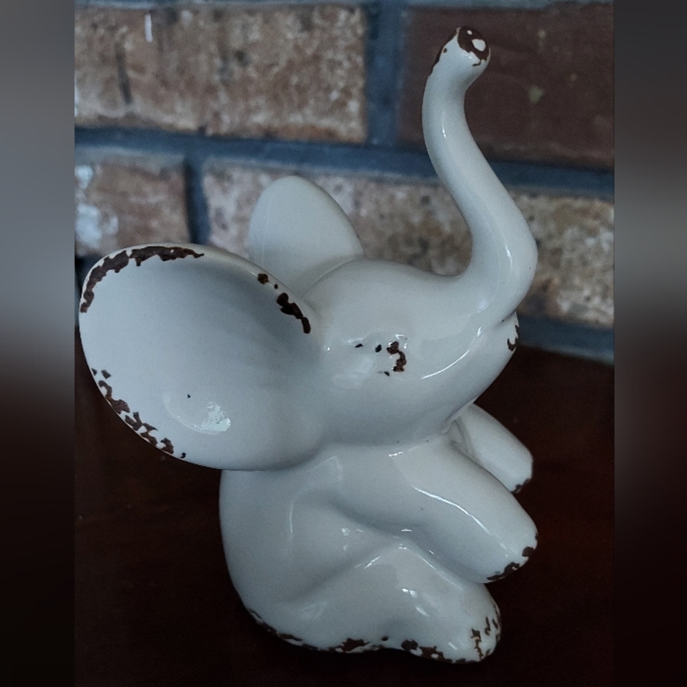 Elephant Ceramic White Distressed Sitting Down Statue Figurine Trunk Up 5 Inches